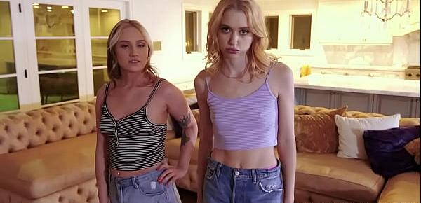  Stepsisters taking turns pleasuring their horny stepbrothers cock